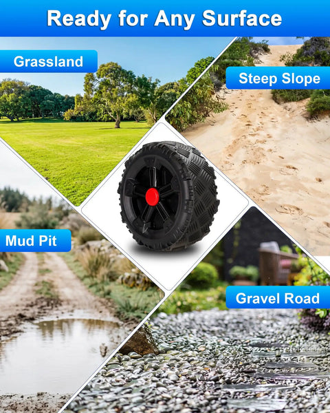 Heavy Duty Anti Slip Rubber Tire Grip Upgrade Kit For Kids Electric Cars on various surfaces: grass, gravel, mud, and steep slopes.