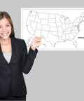 Person pointing at Laminated Blank United States Map Poster 18 By 29 Inches For Wet Erase Markers Only Durable Tear Resistant Wall Chart