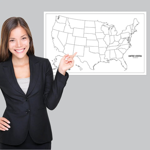 Person pointing at Laminated Blank United States Map Poster 18 By 29 Inches For Wet Erase Markers Only Durable Tear Resistant Wall Chart