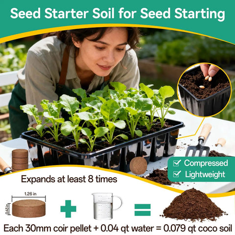 Woman planting seeds in tray using 50 Pcs Coco Coir Pellets For Seed Starting Expand To About 3.96 Qt Potting Soil