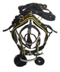 Black Synthetic Nylon Horse Driving Harness With Yellow Piping Diamond Chains On Browband And Noseband Curved Blinders Traces 29mm