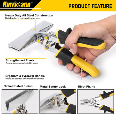 Front view of Hurricane sheet metal hand seamer with 6-inch straight jaw and yellow/black TyGrip handles