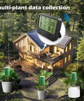 Expandable Twelve Zone Wireless Plant Monitor Kit With Indoor LCD Hub And TDR Four In One Plant Water Meter 230 Ft RF Range IPX5 Waterproof displayed with house and potted plants