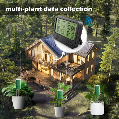Expandable Twelve Zone Wireless Plant Monitor Kit With Indoor LCD Hub And TDR Four In One Plant Water Meter 230 Ft RF Range IPX5 Waterproof displayed with house and potted plants