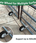 Heavy Duty Gate Wheels Two Pack Slick Support Casters For Metal Swing Gates Fits One Point Five Eight Inch To Two Inch Frames Built Tough For Farm Yards Or Chain Link Fences No Sweat Install Makes Heavy Doors Roll Like Butter, mounted on metal gate.