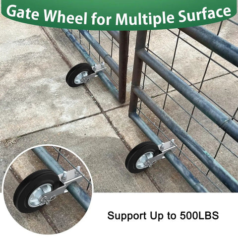 Heavy Duty Gate Wheels Two Pack Slick Support Casters For Metal Swing Gates Fits One Point Five Eight Inch To Two Inch Frames Built Tough For Farm Yards Or Chain Link Fences No Sweat Install Makes Heavy Doors Roll Like Butter, mounted on metal gate.