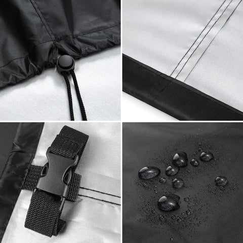 Outdoor Chair Covers 2 Pack Waterproof Black Polyester Blend Fits 25W x 25D x 47H Inches Stackable Dining Chairs Protects 4 to 6 Chairs Weatherproof Patio Furniture Covers for All Seasons close-up details showing waterproof fabric, secure straps, and stitching.