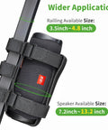 Go-To Golf Cart Speaker Mount With Adjustable Straps attached to rail, showing size options for speakers and railings.