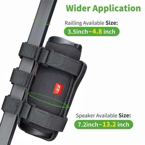 Go-To Golf Cart Speaker Mount With Adjustable Straps attached to rail, showing size options for speakers and railings.