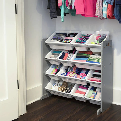 4-tier toy organizer with 12 bins in grey and white, placed in a playroom closet, part of 12 Bin Toy Storage Organizer For Kids Playroom