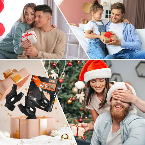 Collage showing LED flashlight gloves gift box, families exchanging wrapped presents, celebrating Fathers Day Gift For Dad And Husband LED Flashlight Gloves With Handy Fingerless Design Battery Powered Cool Gift For Men From Kids Or Wife Perfect For Home Repairs And Late Night Projects