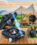 Two Burner Camping Stove With 24000 BTU Total Heat, Foldable Propane Stove Includes Carry Bag shown on table