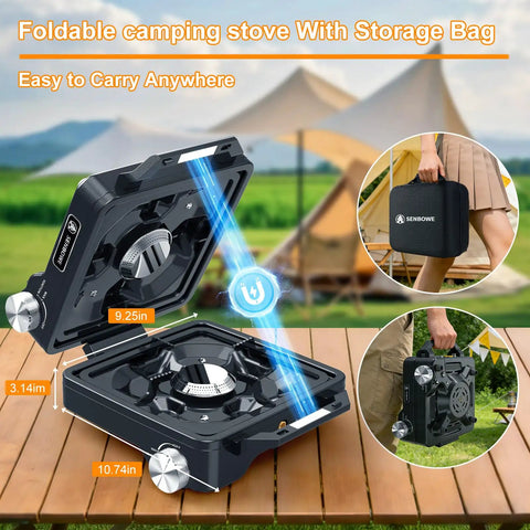 Two Burner Camping Stove With 24000 BTU Total Heat, Foldable Propane Stove Includes Carry Bag shown on table