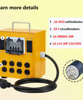 Heavy Duty 30A Temporary Power Distribution Box With L14-30P Input And Four GFCI 20A Duplex Outlets, steel body and circuit breaker features.