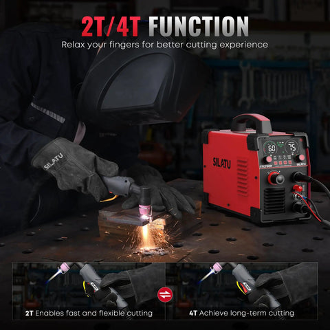 Person using Plasma Cutter STC750P 75 Amp HF Non Touch Pilot Arc Dual Voltage 110 220V With LED Display For DIY metal cutting