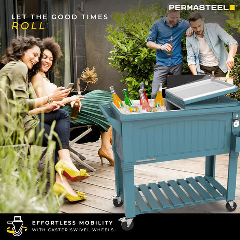 Party Cooler With Divider And Locking Lid, 80-Qt Rolling Ice Chest For Indoor Outdoor Entertaining, Matte Teal, on patio deck