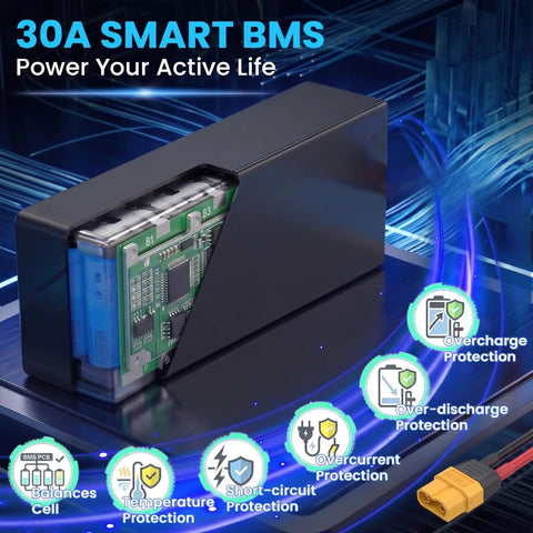 Rock Solid 24V 15Ah LiFePO4 Battery Pack With 30A Smart BMS showing internal circuitry and protection features.