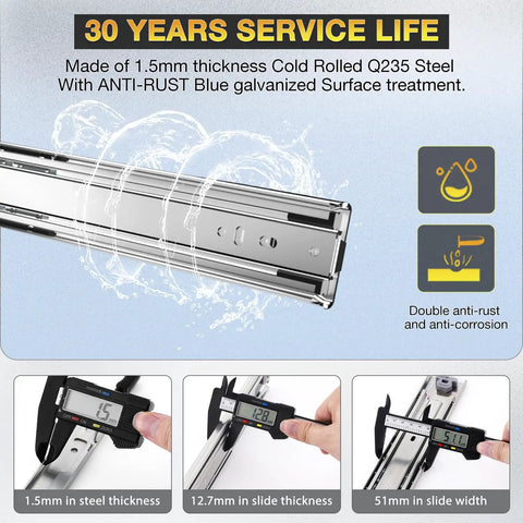 Heavy Duty Drawer Slides Full Extension Side Mount Rails For 12 To 40 Inch Drawers, 100 Lb Capacity, anti-rust steel