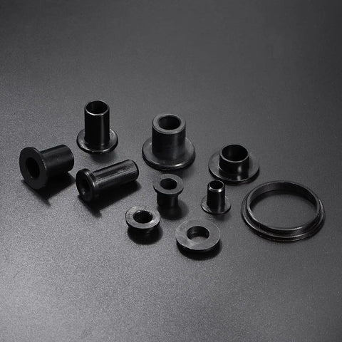 Heavy Duty 4 Pack Flanged Nylon Bushings For Linear Motion Systems 10.1 Mm Bore 13 Mm Outer Diameter 20.5 Mm Length Self Lubricating Wear Resistant Rock Solid Shaft Sleeves Black arranged on black surface.