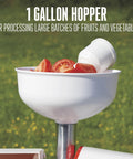 Weston Deluxe Electric Tomato Strainer And Food Mill Sauce Maker With Powerful 250 Watt Motor, 1 gallon hopper with tomatoes.