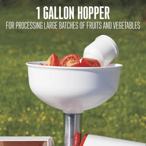 Weston Deluxe Electric Tomato Strainer And Food Mill Sauce Maker With Powerful 250 Watt Motor, 1 gallon hopper with tomatoes.