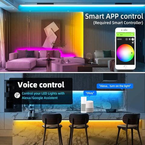 Living room and kitchen using 24V RGBWW LED Strip Lights 32 Foot Roll Dimmable Color Changing Tape With CCT From 2700K To 6000K 6 Wire SMD5050