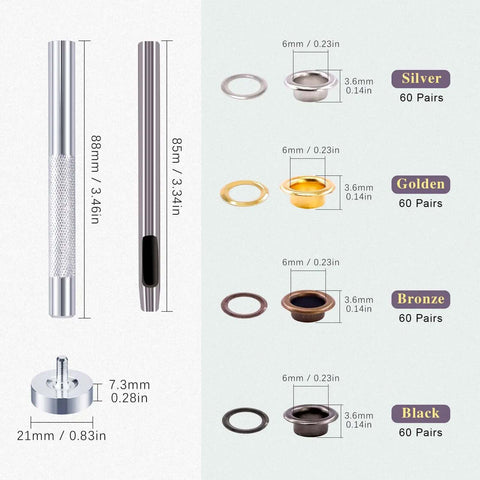 Grommet Eyelets Kit 240 Sets 6 mm Inner Diameter One Quarter Inch 4 Colors Silver Gold Gunmetal Bronze with tools displayed