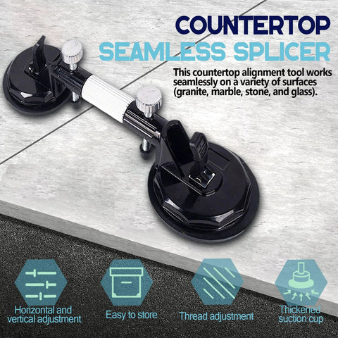 Countertop seam alignment tool with vacuum suction cups and adjustable clamps; black and silver