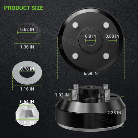 OEM Style Brake Drum Hub Assembly For EZGO TXT Golf Carts Includes All Mounting Bolts For 1982 Up Electric And Gas Models, size details shown.