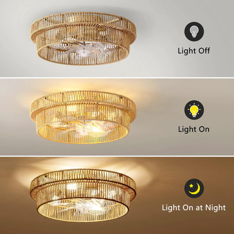 Keep Your Living Area Chill With This Dope Boho Rattan Ceiling Fan With Integrated Light And Flush Mount Low Profile Design Crafted For Smooth Airflow And Cozy Indoor Vibes Every Day with light on and off options.