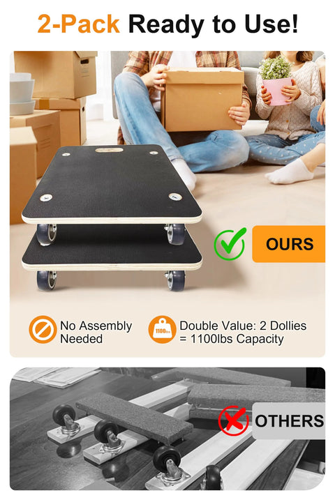 Total 1100 Pound Capacity Heavy Duty Moving Dollies Two Pack With 3 Inch TPR Silent Wheels, non-slip plywood platform, no assembly