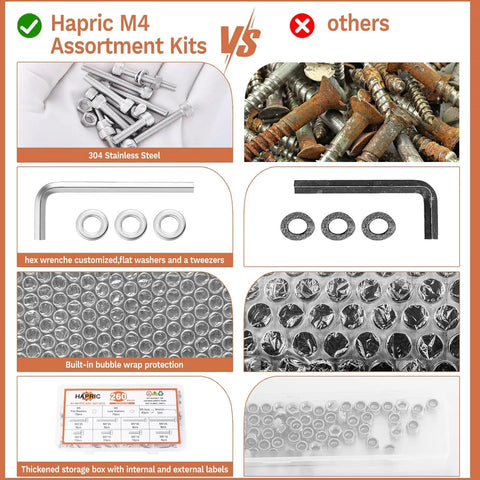 Comparison between All Purpose M5 304 Stainless Steel Screws Kit and rusted screws, highlighting features like washer and hex wrench.