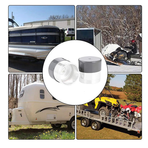 2 Pack Grey Rubber Dust Caps 1.98 Inch for Trailer Wheel Hub Bearing Protectors shown with various trailer types