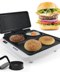 StarBlue 2-in-1 Indoor Electric Grill And Press With Non Stick Griddle Surface For Burgers And Breakfast in use with burgers and eggs.