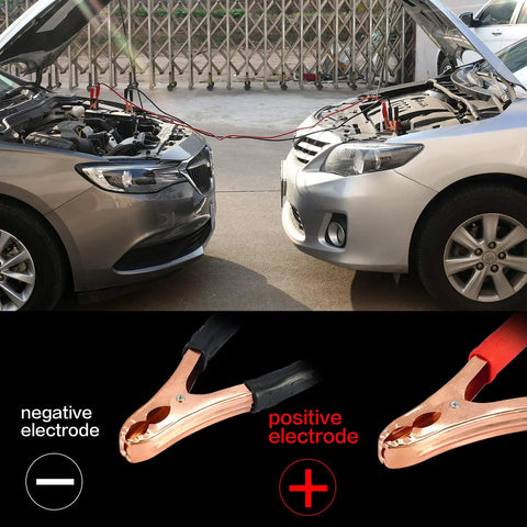 Beefed Up Roadside Emergency Car Kit With Jump Cables And Tow Strap Premium Auto Safety Gear showing cars using jumper cables