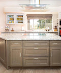Modern kitchen with 30 Pack Brushed Nickel Square Cabinet Handles for Cabinets and Drawers, island view.