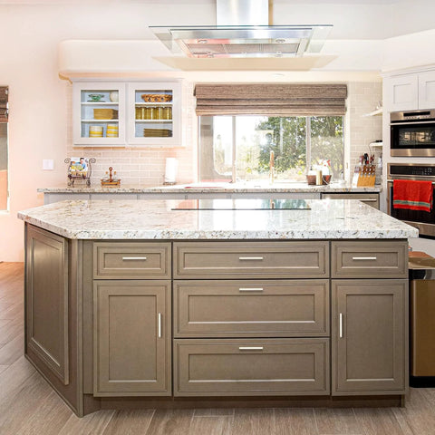 Modern kitchen with 30 Pack Brushed Nickel Square Cabinet Handles for Cabinets and Drawers, island view.