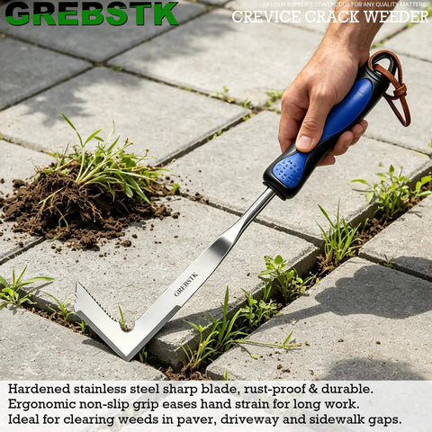 Crevice Weeder Tool With Stainless Steel Double Sided L Shaped Blade for tight spaces like patio stones, driveway cracks, and sidewalk gaps