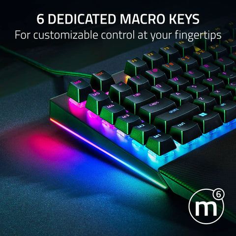 Top Tier Mechanical Gaming Keyboard With Kickass Clicky Green Switches And Lightning Fast Actuation Paired With Sleek Per Key RGB Underglow Lighting, featuring 6 macro keys.