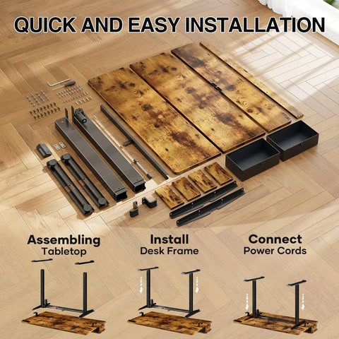 Premium Electric Standing Desk With Drawers And Monitor Shelf Adjustable Height Sit Stand Workstation Ergonomic Home Office Table Brown Finish parts for quick assembly.
