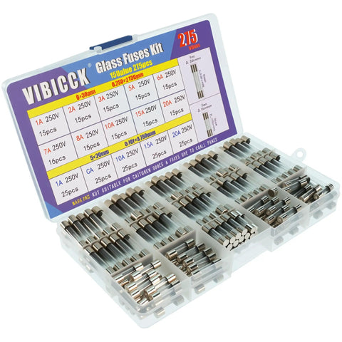 Open box of Fast Burning Glass Fuse Kit 275 Pieces with 15 Values 6x30mm and 5x20mm Fuses 250V for DIY Electronics Projects