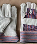 Tough as Nails Heavy Duty Leather and Cotton Work Gloves 12 Pack for Garage Yard Garden Industrial and Commercial Use with Double Stitched Protection Extended Wrist Cuff One Size Fits Most showing palm and back view.