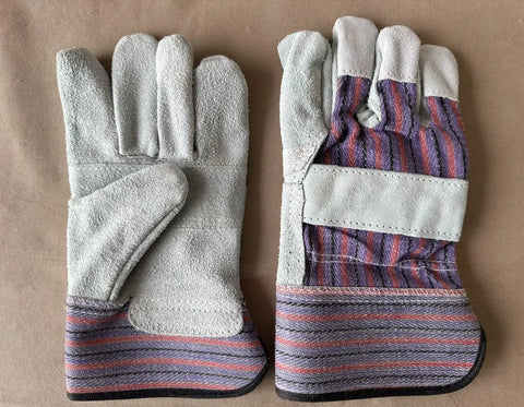 Tough as Nails Heavy Duty Leather and Cotton Work Gloves 12 Pack for Garage Yard Garden Industrial and Commercial Use with Double Stitched Protection Extended Wrist Cuff One Size Fits Most showing palm and back view.