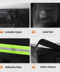 Close-up of features on extra large fireproof document bag: lockable zipper, label slot, reflective strip, and Velcro closure.