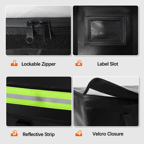 Close-up of features on extra large fireproof document bag: lockable zipper, label slot, reflective strip, and Velcro closure.