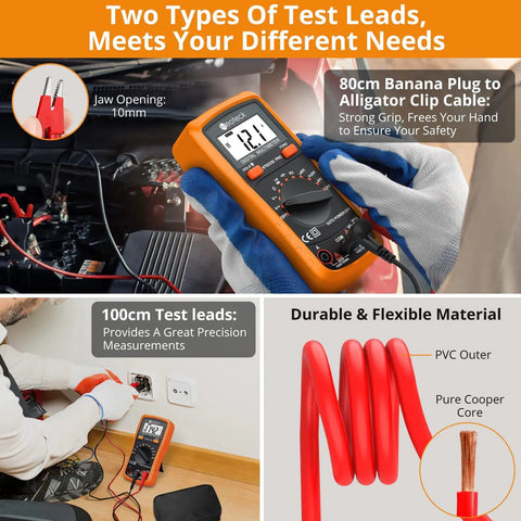 Person using Auto Ranging Pocket Digital Multimeter for DIYers, 2000 Counts, to test car engine and wall socket.