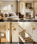 Gold Rechargeable Wireless Wall Sconces Set Of 2 With Remote Dimmable Accent Lamps Home Decor in bedroom and living room settings.