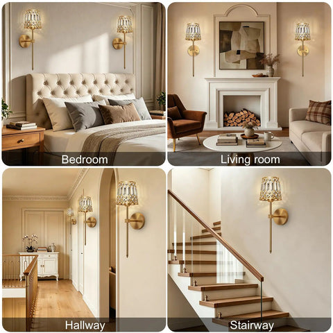 Gold Rechargeable Wireless Wall Sconces Set Of 2 With Remote Dimmable Accent Lamps Home Decor in bedroom and living room settings.