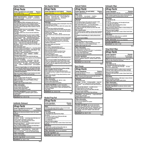 Be Smart Get Prepared OSHA/ANSI first aid kit contents shown as grid of Drug Facts panels