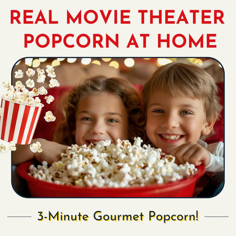 Two children smiling with a large bowl of popcorn from the Premium Stainless Steel Stove Top Popcorn Maker With Patented Stirring Gears.